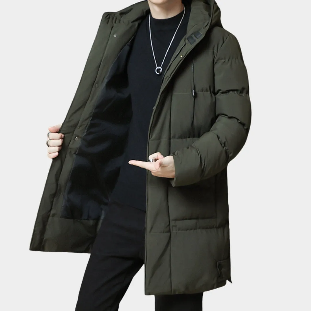 New Winter Men's Long Coat - Down Cotton, Thickened Warm Korean Style, Youth Fashion, Grey, Black, Army Green