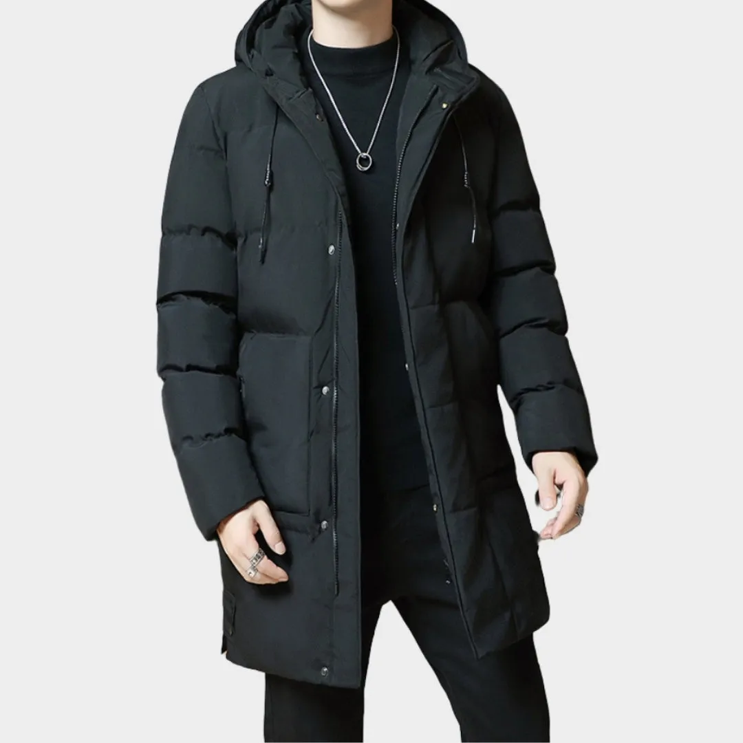 New Winter Men's Long Coat - Down Cotton, Thickened Warm Korean Style, Youth Fashion, Grey, Black, Army Green