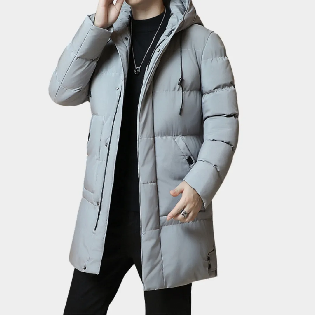 New Winter Men's Long Coat - Down Cotton, Thickened Warm Korean Style, Youth Fashion, Grey, Black, Army Green