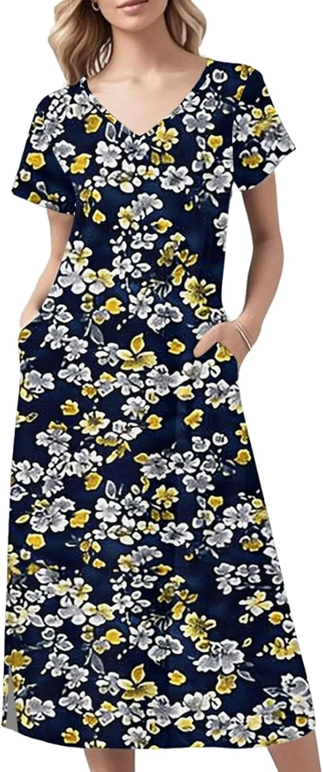 Spring Dresses for Women 2025 Midi Short Sleeve A Line Dress Loose Flowy T Shirt Dresses Beach Dress with Pockets