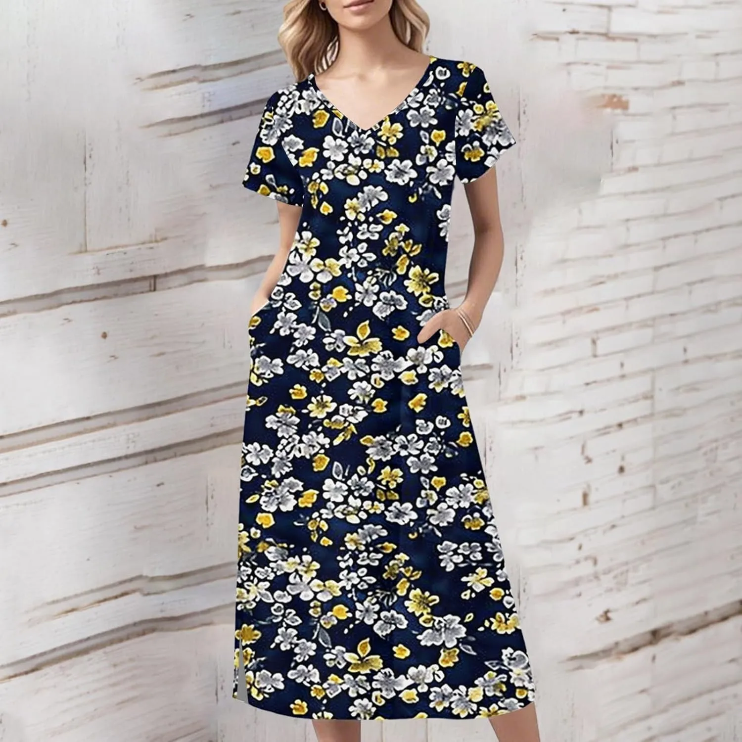 Spring Dresses for Women 2025 Midi Short Sleeve A Line Dress Loose Flowy T Shirt Dresses Beach Dress with Pockets