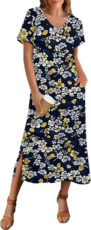 Spring Dresses for Women 2025 Midi Short Sleeve A Line Dress Loose Flowy T Shirt Dresses Beach Dress with Pockets
