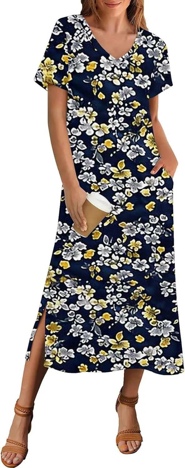 Spring Dresses for Women 2025 Midi Short Sleeve A Line Dress Loose Flowy T Shirt Dresses Beach Dress with Pockets