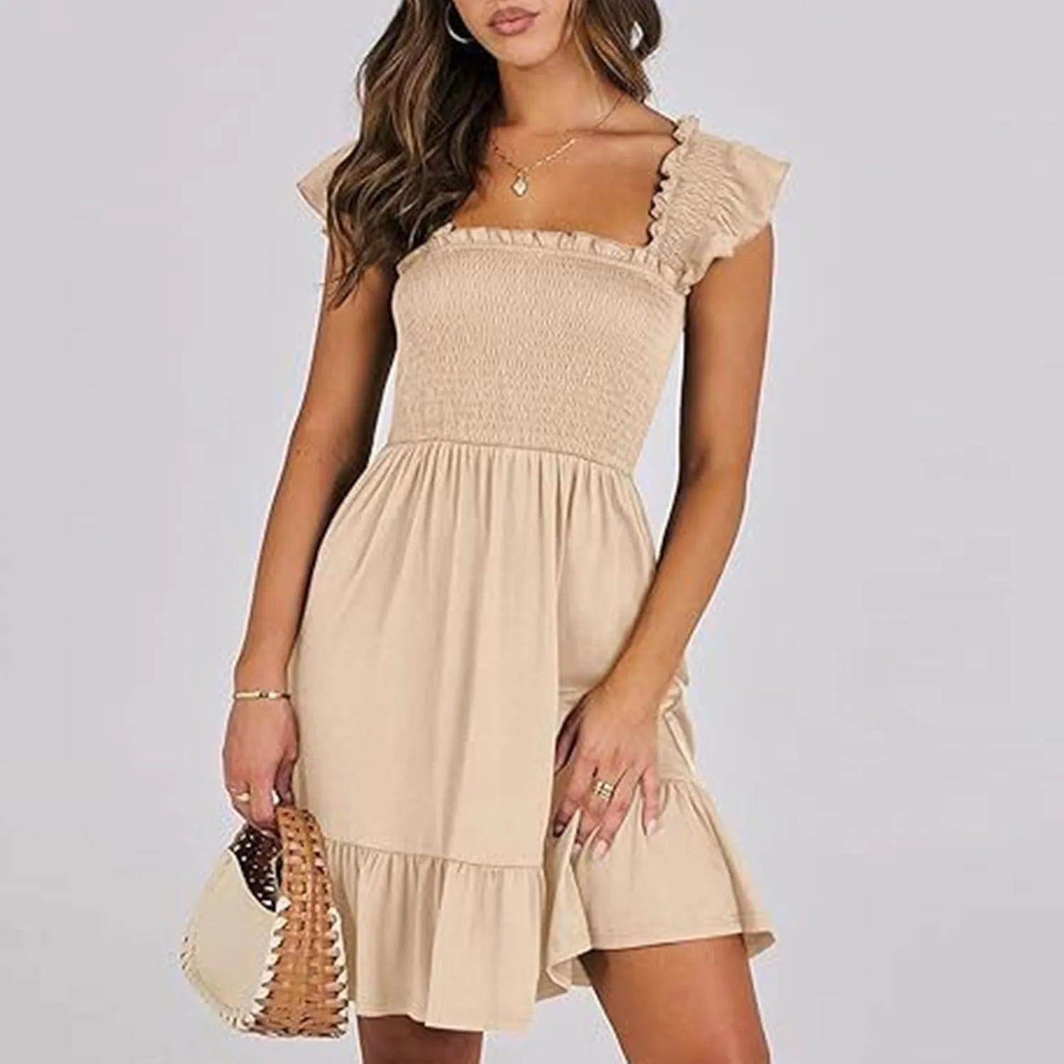 Summer Babydoll Dresses for Women 2025 Vacation Cute Ruffle Cap Sleeve V-Neck Flowy Swing Mini Dress Sundress