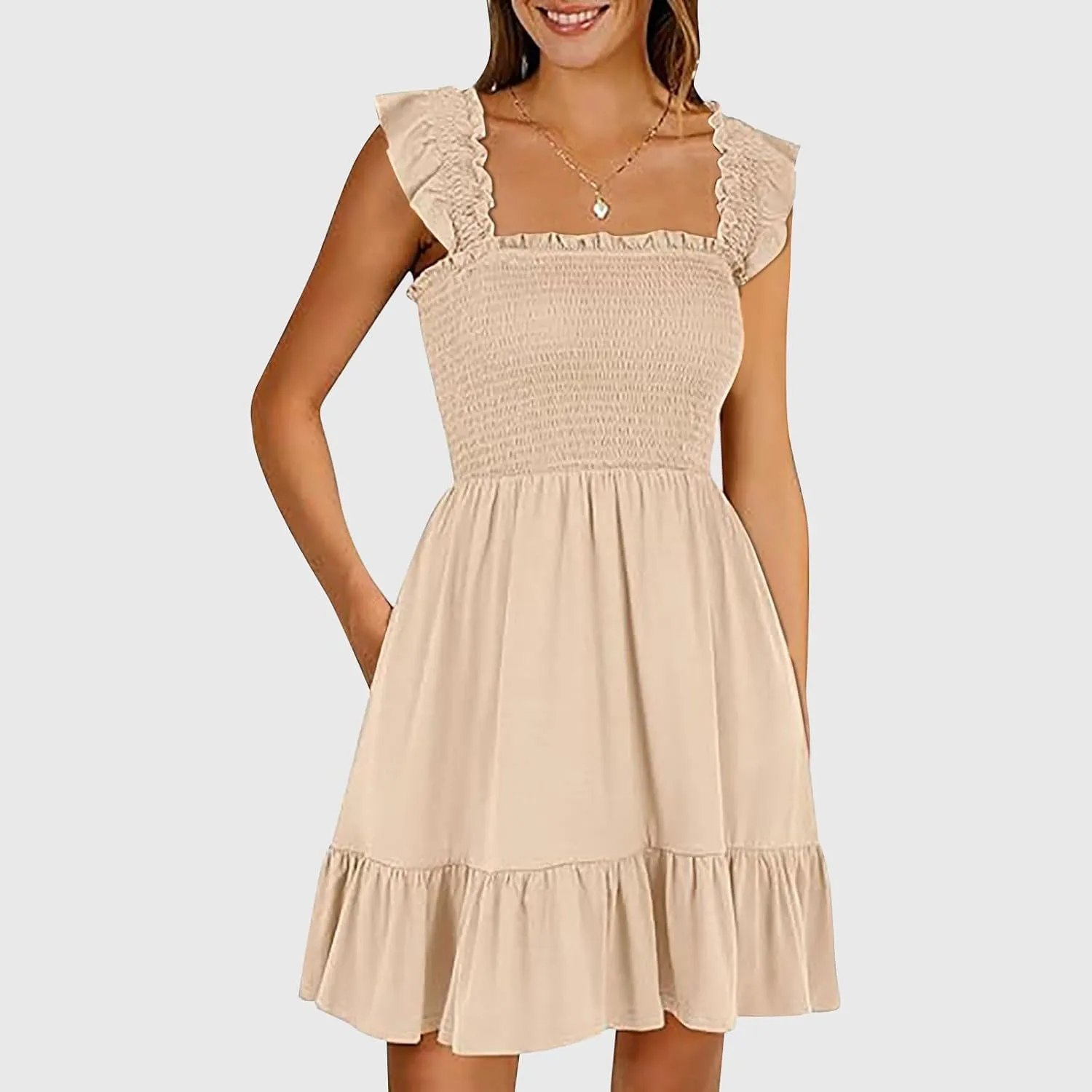Summer Babydoll Dresses for Women 2025 Vacation Cute Ruffle Cap Sleeve V-Neck Flowy Swing Mini Dress Sundress