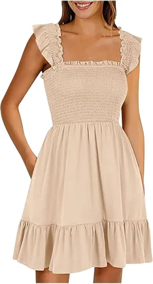 Summer Babydoll Dresses for Women 2025 Vacation Cute Ruffle Cap Sleeve V-Neck Flowy Swing Mini Dress Sundress