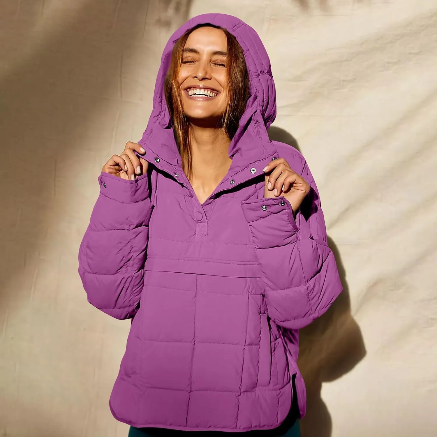 Women Quilted Pullover Packable Puffer Jacket Long Sleeve Quarter Snap Oversized Hoodie Winter Hooded Padded Coat