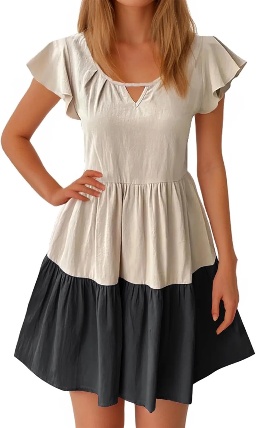Women Ruffle Sleeve Mini Dress Fashion Color Block Notch V Neck Lounge Dresses Novelty Going Out T-Shirt Dress