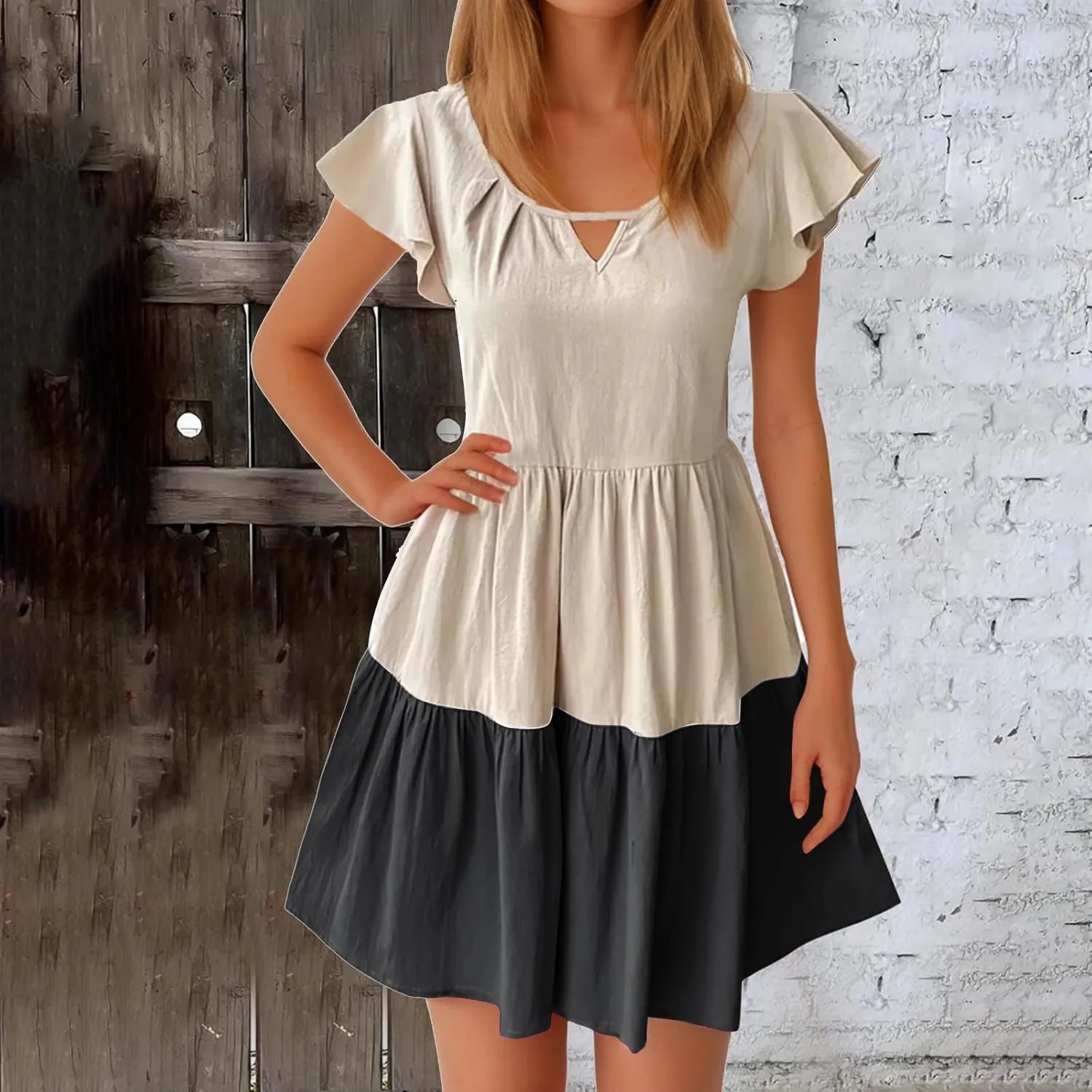 Women Ruffle Sleeve Mini Dress Fashion Color Block Notch V Neck Lounge Dresses Novelty Going Out T-Shirt Dress