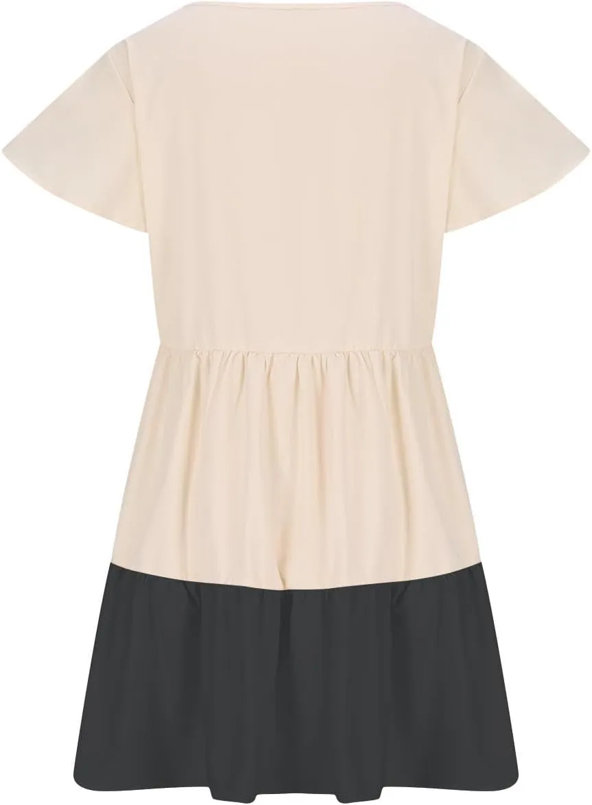 Women Ruffle Sleeve Mini Dress Fashion Color Block Notch V Neck Lounge Dresses Novelty Going Out T-Shirt Dress