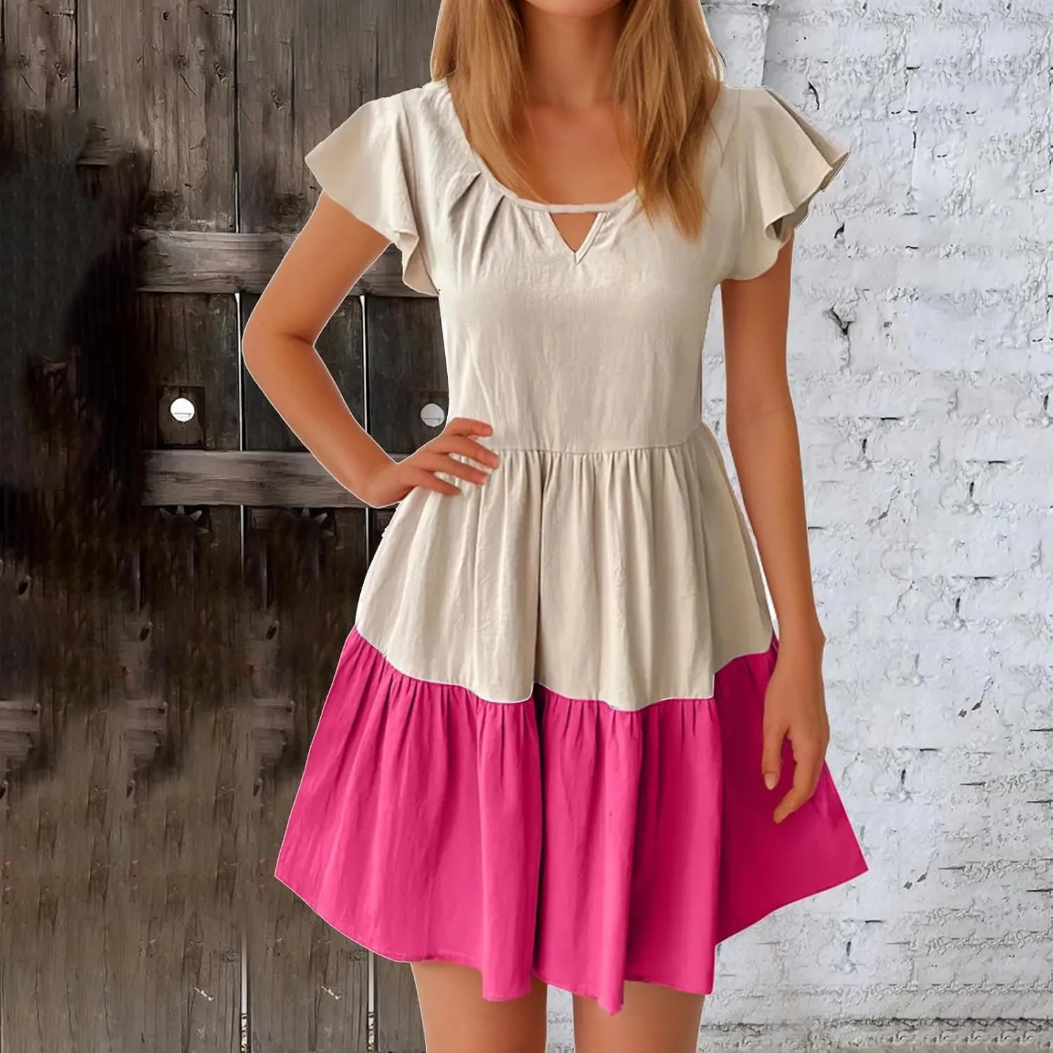 Women Ruffle Sleeve Mini Dress Fashion Color Block Notch V Neck Lounge Dresses Novelty Going Out T-Shirt Dress