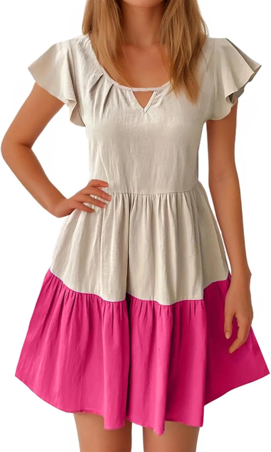 Women Ruffle Sleeve Mini Dress Fashion Color Block Notch V Neck Lounge Dresses Novelty Going Out T-Shirt Dress
