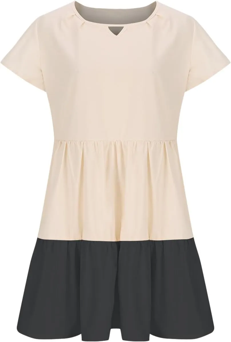Women Ruffle Sleeve Mini Dress Fashion Color Block Notch V Neck Lounge Dresses Novelty Going Out T-Shirt Dress