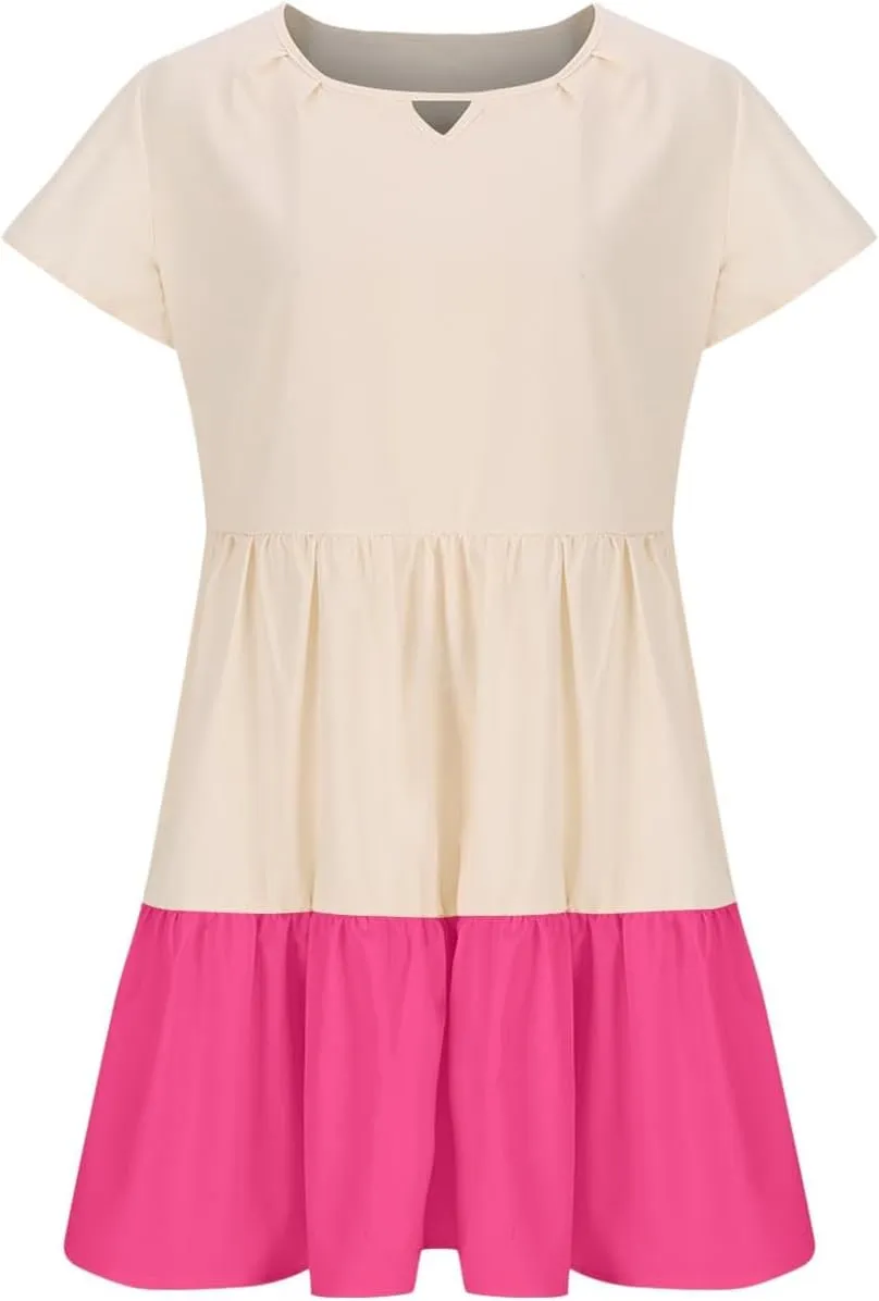 Women Ruffle Sleeve Mini Dress Fashion Color Block Notch V Neck Lounge Dresses Novelty Going Out T-Shirt Dress