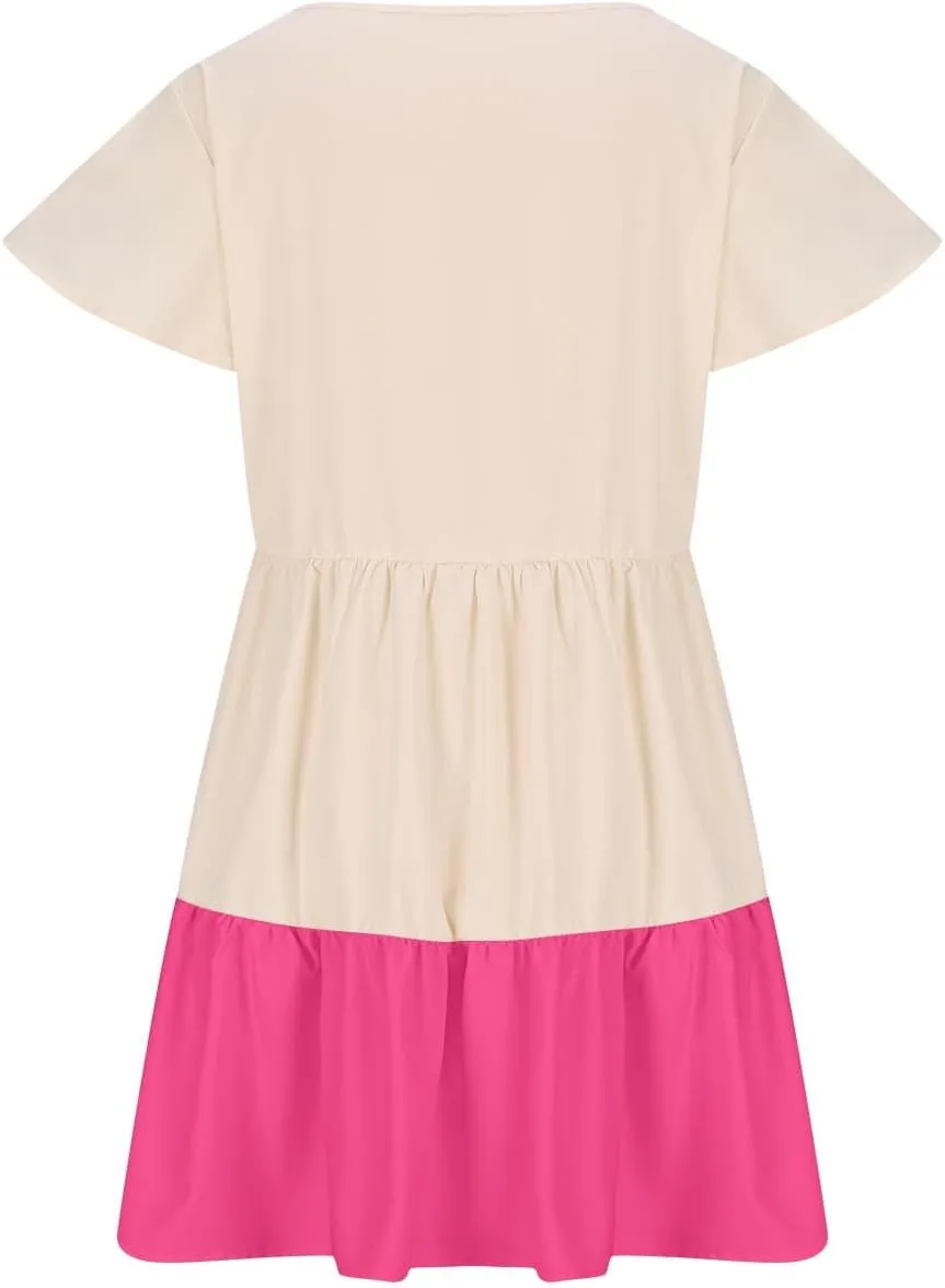 Women Ruffle Sleeve Mini Dress Fashion Color Block Notch V Neck Lounge Dresses Novelty Going Out T-Shirt Dress