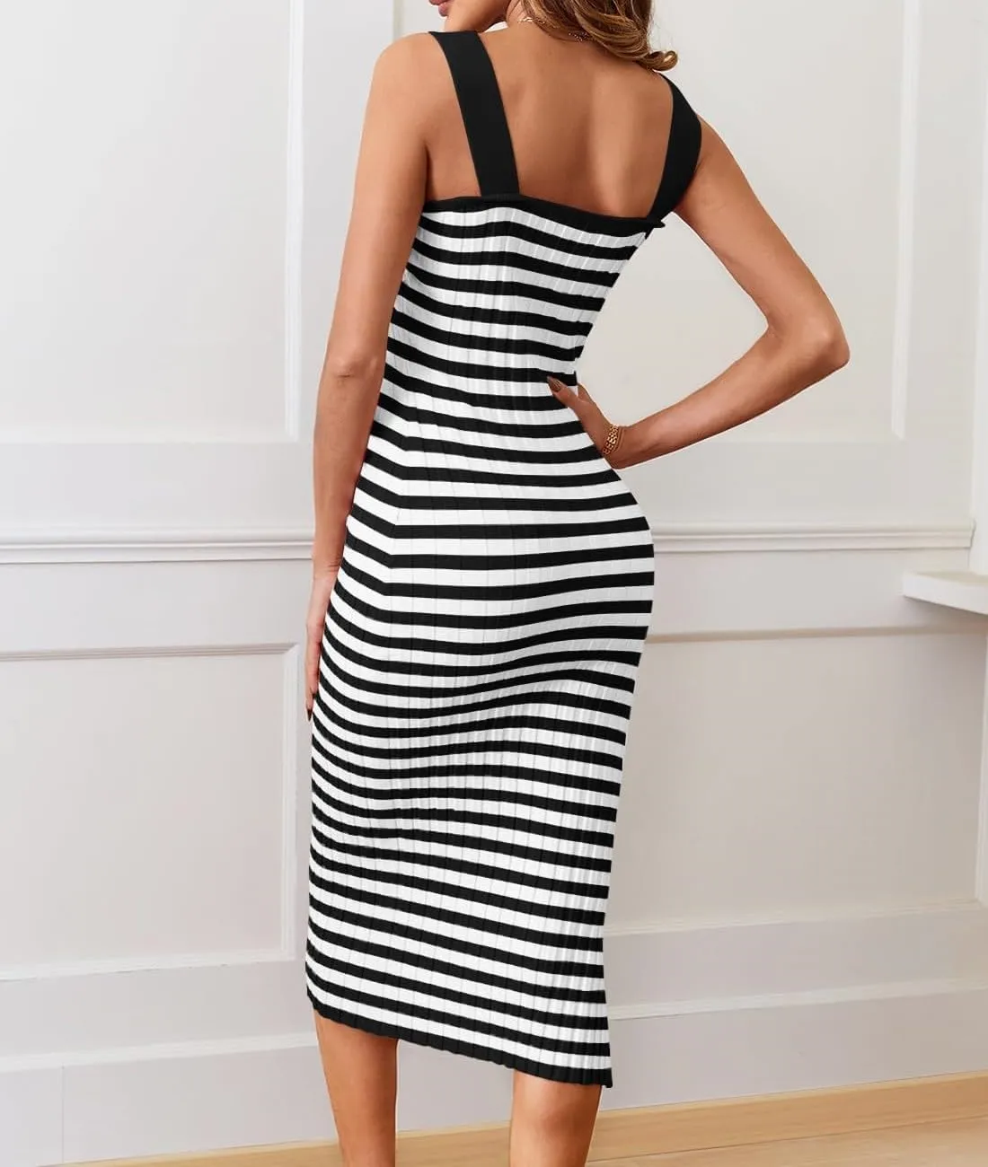 Womens Bodycon Midi Dresses Knit Striped Beach Dress Summer Casual Vacation Sundress Square Neck Sheath Dress