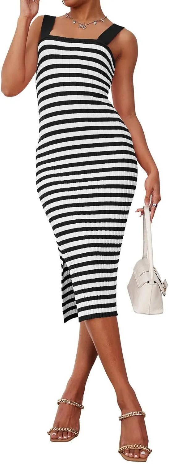 Womens Bodycon Midi Dresses Knit Striped Beach Dress Summer Casual Vacation Sundress Square Neck Sheath Dress