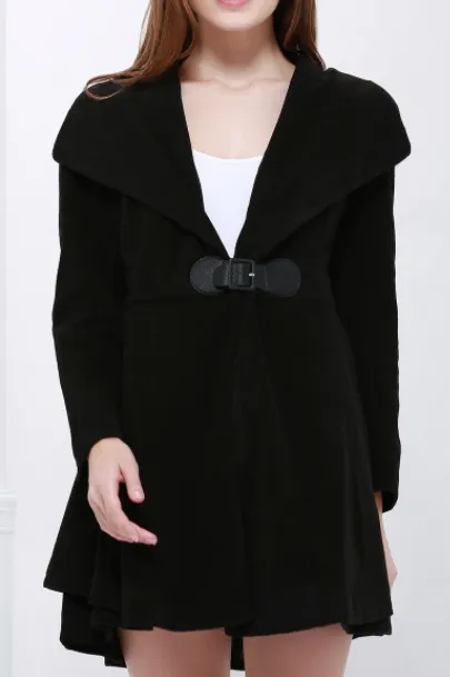 Womens Coat  Waisted Flared Coat with Wide Collar