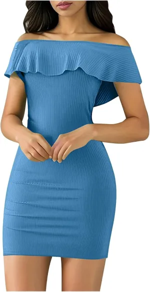 Women's Sexy Bodycon Off The Shoulder Mini Dress Ruffle Trim Cocktail Party Tight Short Dresses Naughty Prom Dress