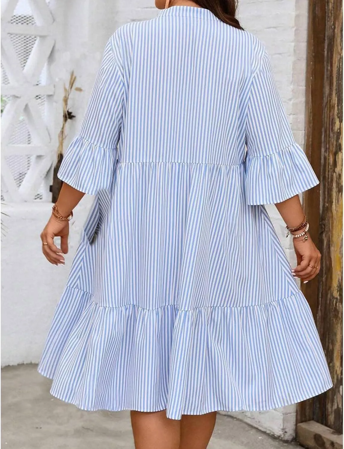Women's V Neck Striped Dress Summer Tiered Layer Dresses Half Sleeve Flared Midi Dress Swing Ruffle Hem Dresses