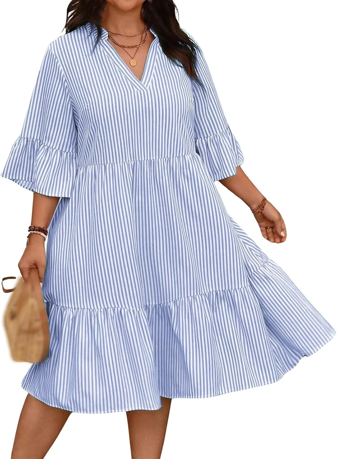 Women's V Neck Striped Dress Summer Tiered Layer Dresses Half Sleeve Flared Midi Dress Swing Ruffle Hem Dresses