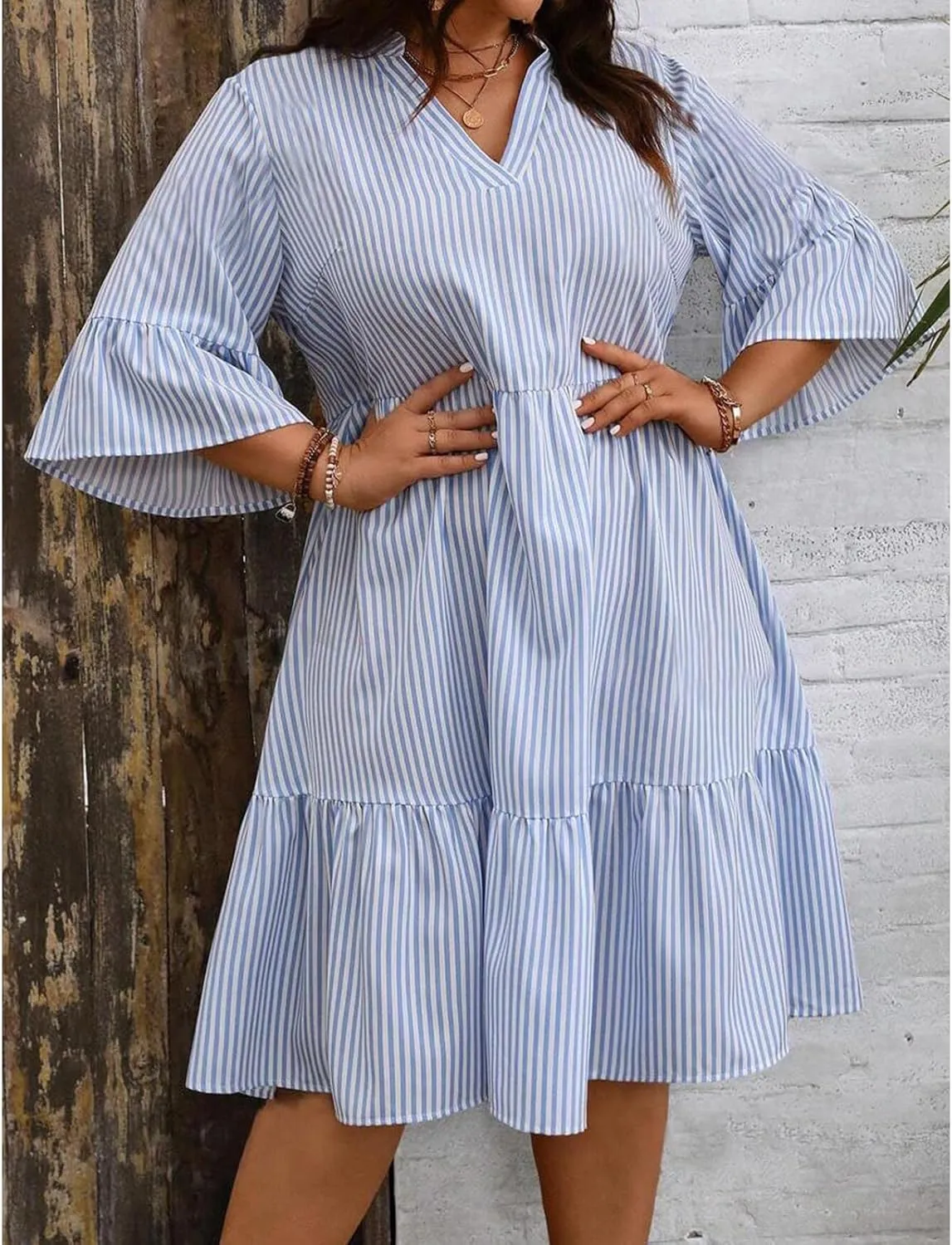 Women's V Neck Striped Dress Summer Tiered Layer Dresses Half Sleeve Flared Midi Dress Swing Ruffle Hem Dresses