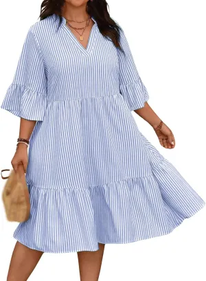 Women's V Neck Striped Dress Summer Tiered Layer Dresses Half Sleeve Flared Midi Dress Swing Ruffle Hem Dresses